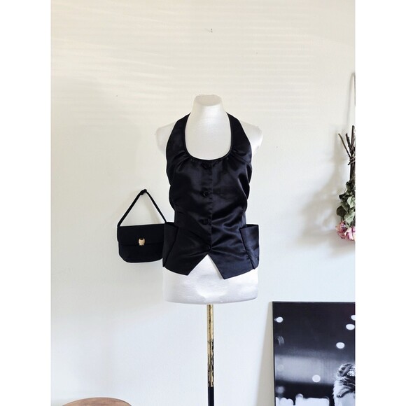 Unbranded Tops - Twelve Vintage Y2k Black Satin Button Up Halter Top Chic Sexy Classic M